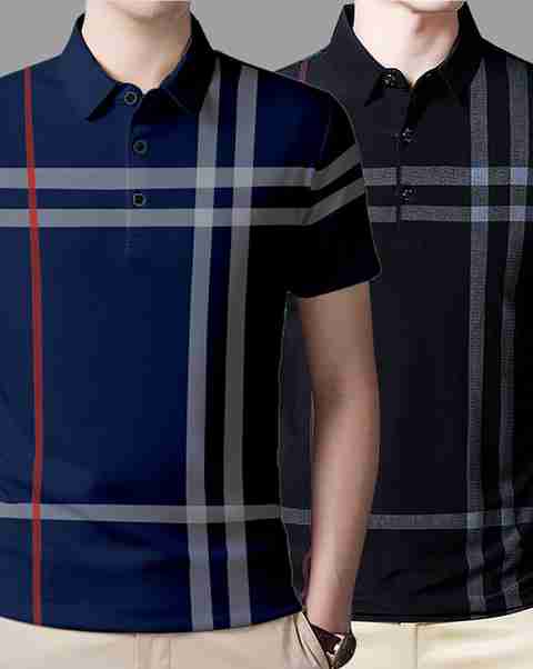 AOOSH Checkered Men Polo Neck Black, Blue T-Shirt - Buy AOOSH