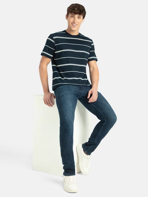 JOCKEY 2715 Men Striped Round Neck Cotton Blend Navy Blue T-Shirt - Image 4