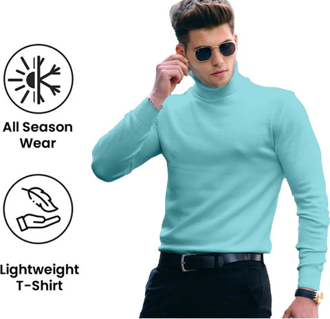 AUSK Solid Men High Neck Light Blue T-Shirt Buy AUSK Solid Men