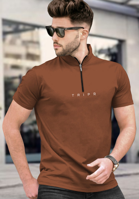 TRIPR Solid Men Mandarin Collar Brown T-Shirt Buy TRIPR Solid