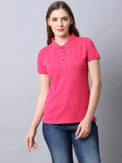 CANTABIL Solid Women Polo Neck Pink T-Shirt