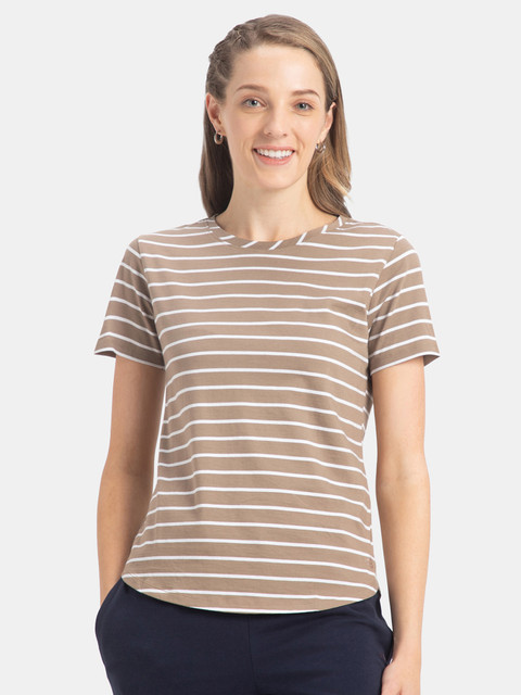 JOCKEY Striped Women Round Neck Beige T-Shirt