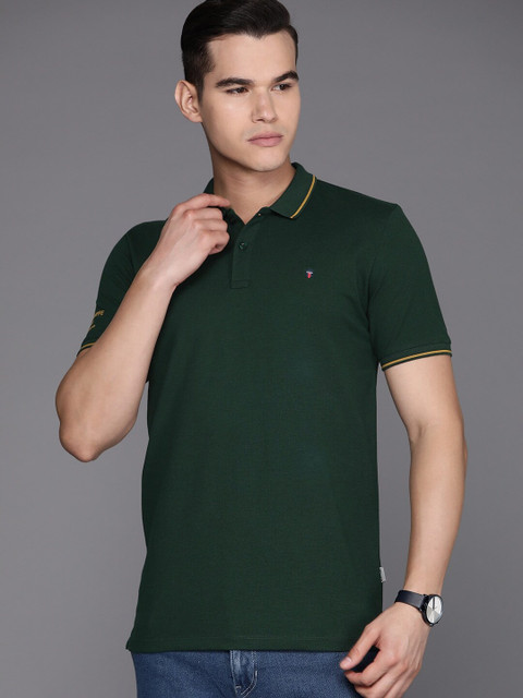 Louis Philippe Jeans Solid Men Polo Neck Dark Green T-Shirt