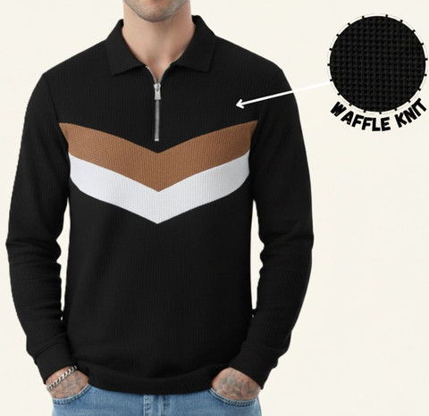 Try This Striped, Self Design Men Zip Neck Brown, Black, White T