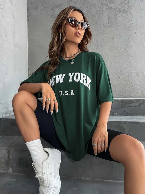 London Hills Printed Women Round Neck Dark Green, Pink T-Shirt