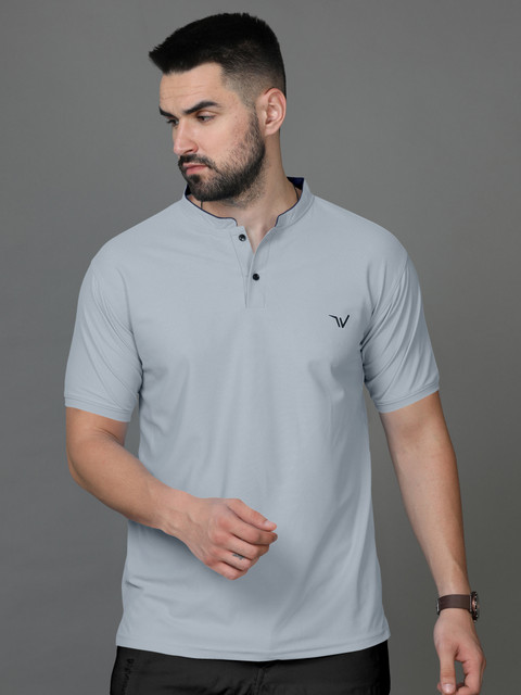 MENTIFIC Solid Men Mandarin Collar Grey T-Shirt Buy MENTIFIC