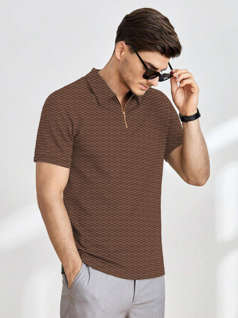 KAJARU Self Design Men Zip Neck Brown T-Shirt