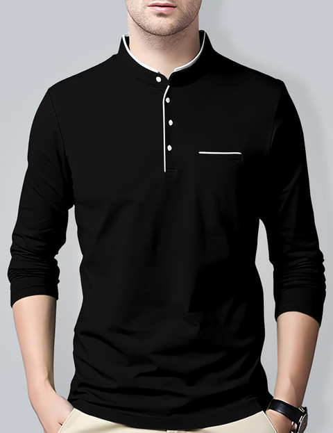 AUSK Solid Men Mandarin Collar Black T-Shirt