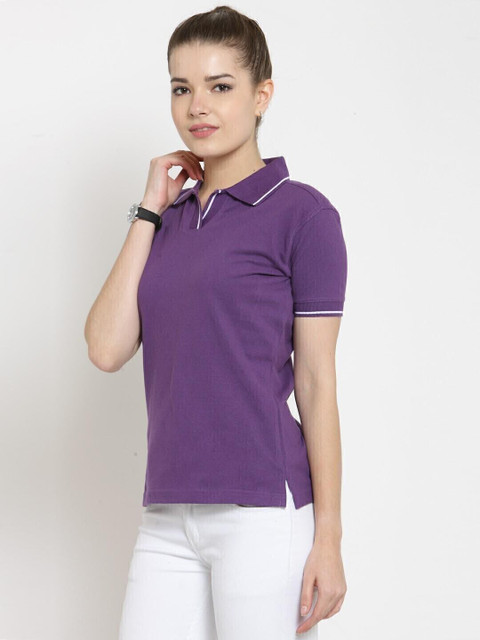 SCOTT INTERNATIONAL Solid Women Polo Neck Purple T-Shirt