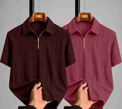 KAJARU Pack of 2 Men Self Design Zip Neck Polyester Brown, Maroon T-Shirt - Image 5