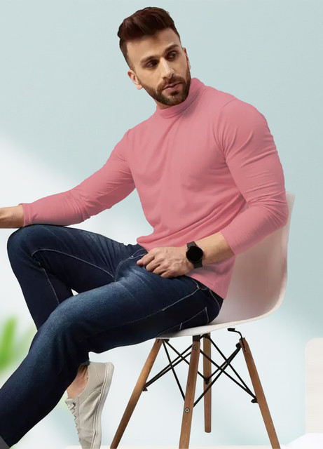 AOOSH Solid Men High Neck Pink T-Shirt Buy AOOSH Solid Men High