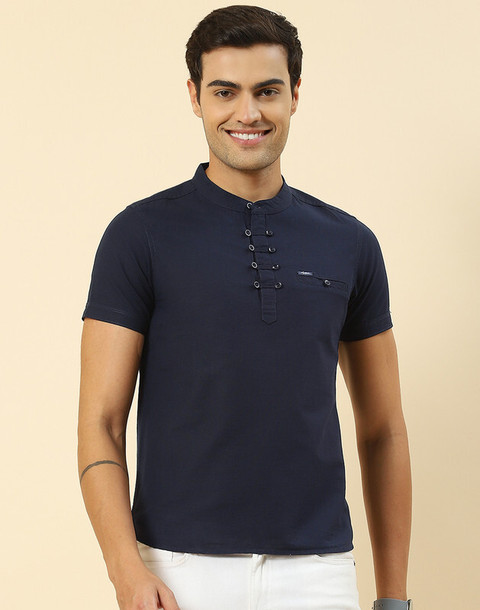 MONTE CARLO Solid Men Mandarin Collar Navy Blue T-Shirt Buy