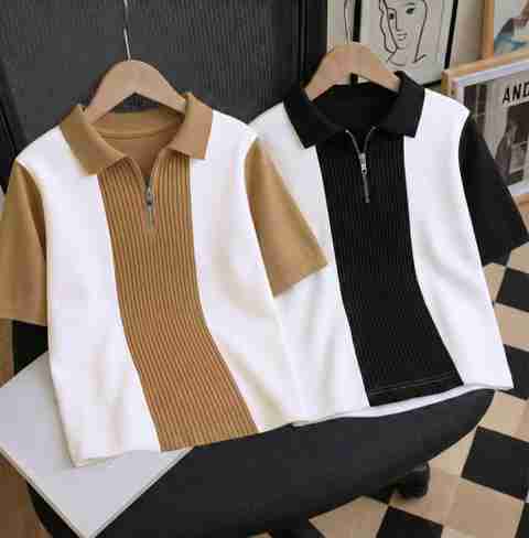 Try This Men Colorblock Polo Neck Cotton Blend T-Shirt (White, Brown) - Image 5