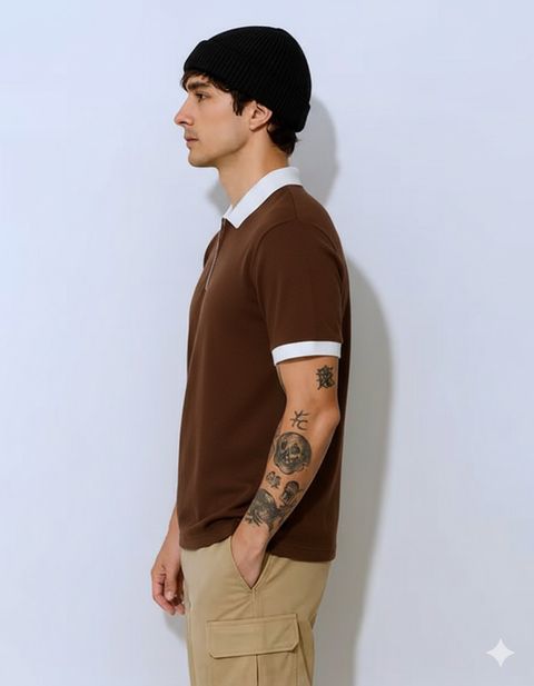 METRONAUT Men Brown Colorblock Zip Neck Viscose Rayon T-Shirt - Image 7