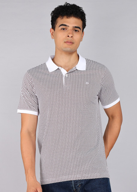 Raymond Printed Men Polo Neck White, Grey T-Shirt