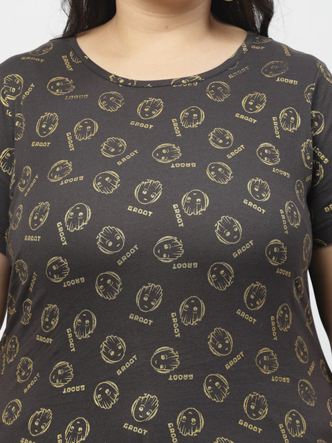 PLUSS Printed, Tribal Print Women Round Neck Black T-Shirt