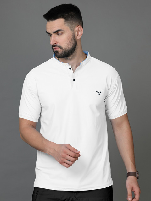 Growwax Self Design Men Mandarin Collar White T-Shirt