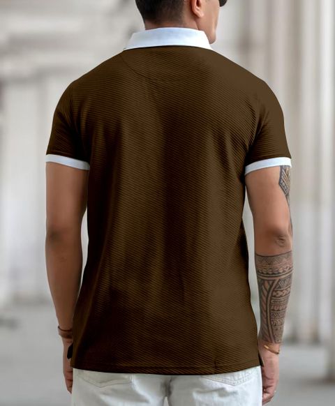 COMBRAIDED Men Brown Self Design Polo Neck T-Shirt - Image 7