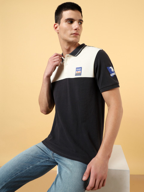 Wrangler Colorblock Men Polo Neck Black T-Shirt