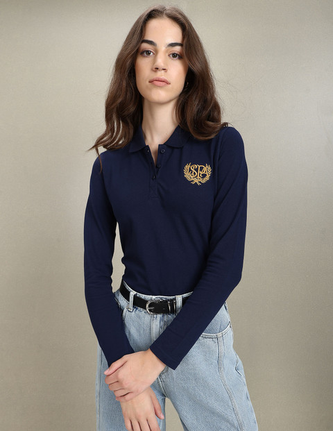 POLO Printed Women Polo Neck Blue T-Shirt Buy