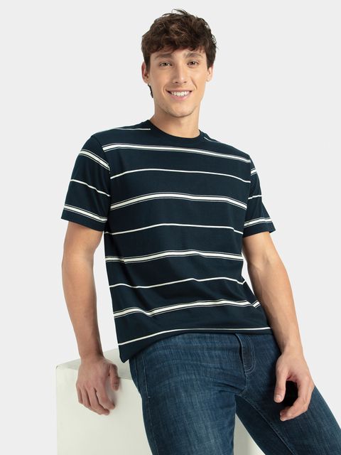 JOCKEY 2715 Men Striped Round Neck Cotton Blend Navy Blue T-Shirt - Image 5