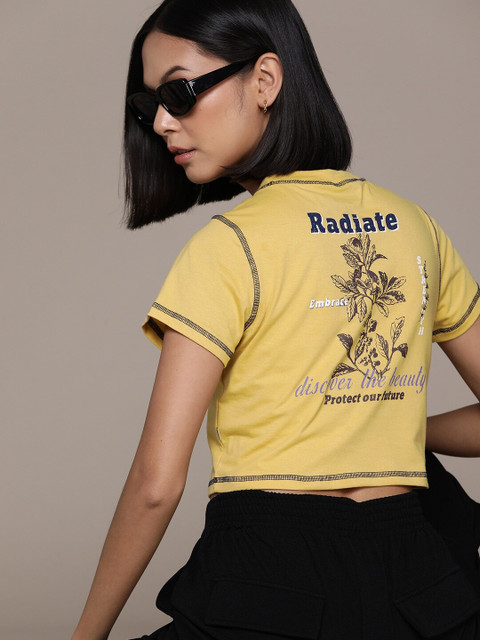 Roadster Printed, Typography Women Round Neck Yellow T-Shirt Buy