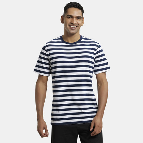 JOCKEY Striped Men Round Neck White, Blue T-Shirt - Buy Navy