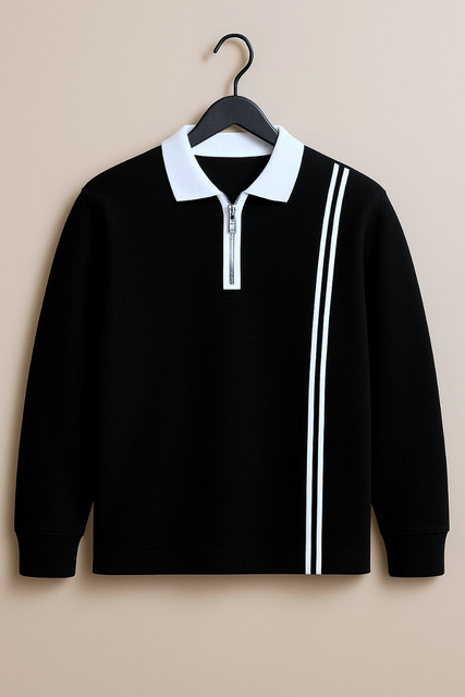 Try This Striped Men Zip Neck Black T-Shirt - Buy Try This Striped