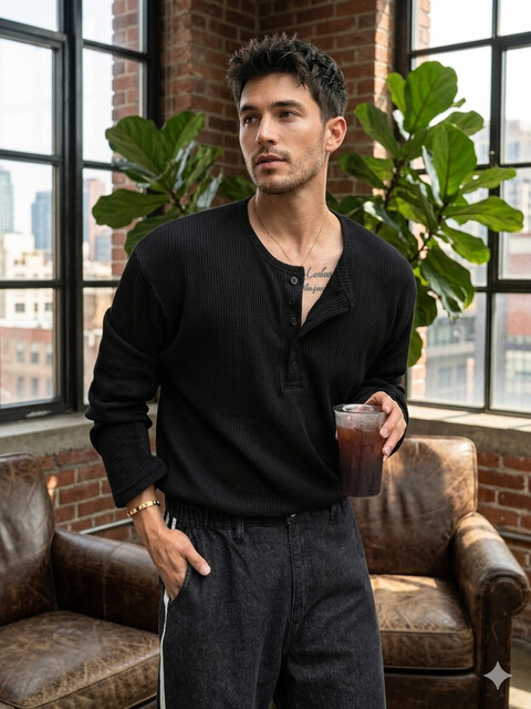 HeraDawn Striped Men Henley Neck Black T-Shirt - Buy HeraDawn