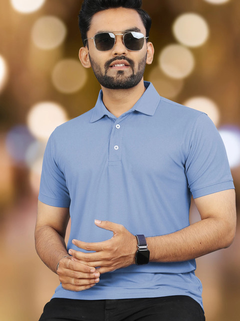 VeBNoR Solid Men Polo Neck Light Blue T-Shirt