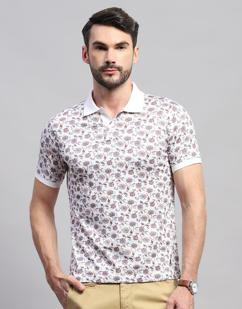 MONTE CARLO Printed Men Peter Pan Collar White T-Shirt