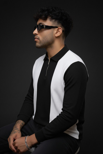 Try This Striped, Self Design Men Zip Neck Black, White T-Shirt