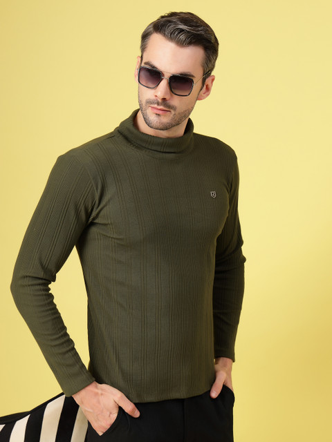 RIGO Solid Men Turtle Neck Green T-Shirt