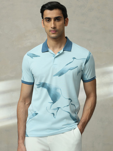 MUFTI Animal Print Men Polo Neck Light Blue T-Shirt