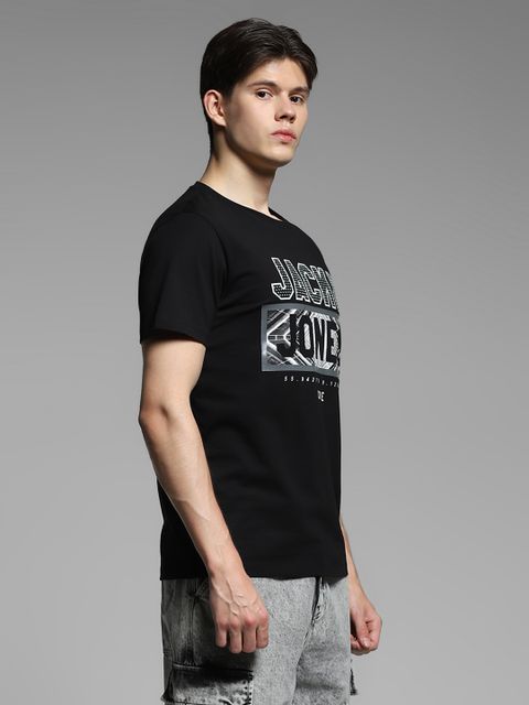 JACK & JONES Men Typography Round Neck Cotton Blend Black T-Shirt - Image 7