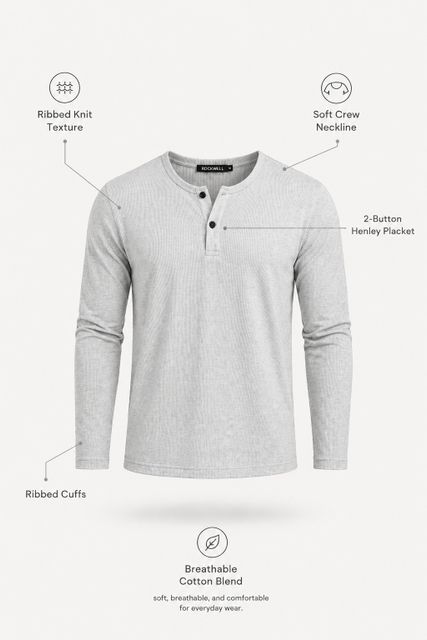 Rockwell Men Self Design Henley Neck Cotton Blend Grey T-Shirt - Image 7