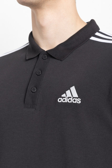ADIDAS Striped Men Polo Neck Black T-Shirt