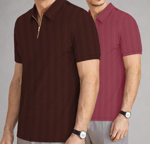 KAJARU Pack of 2 Men Self Design Zip Neck Polyester Brown, Maroon T-Shirt - Image 7