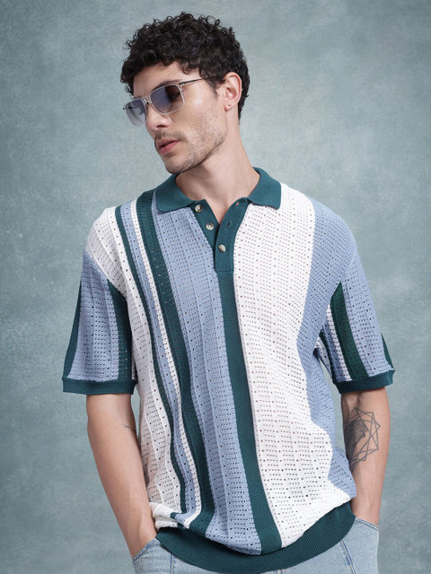 Roadster Striped Men Polo Neck Blue T-Shirt