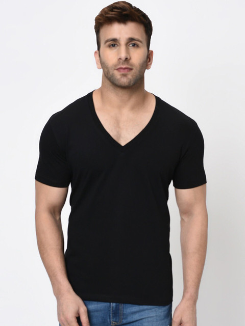 Wild West Solid Men V Neck Black T-Shirt