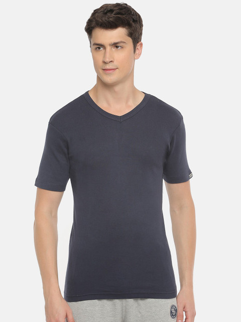 Macroman M-Series Solid Men V Neck Navy Blue T-Shirt Buy