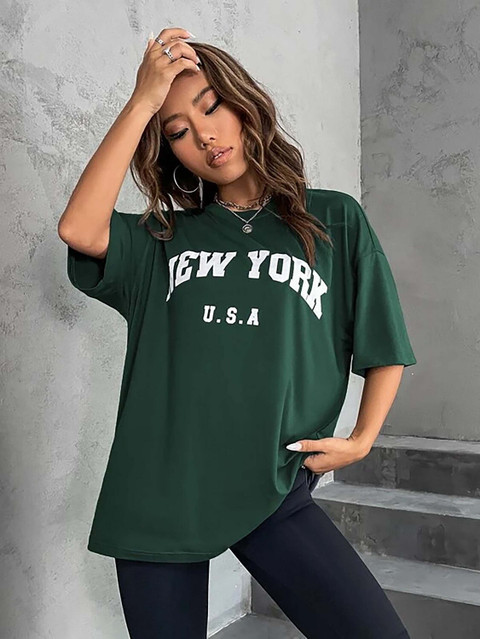 London Hills Printed Women Round Neck Dark Green, Pink T-Shirt