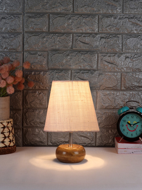 Devansh White Jute Round Small Natural Wood Table Lamp For Home, Office And  Bedroom Table Lamp