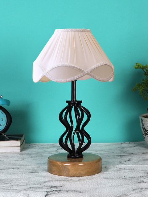 Devansh Off-White Vintage Cotton Table Lamp With Iron And Wood Natural Base  For Bedroom Table Lamp