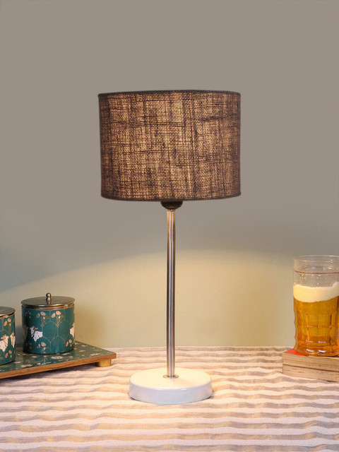 Devansh Drum Grey Jute Shade With Steel And White Wood Base Table Lamp