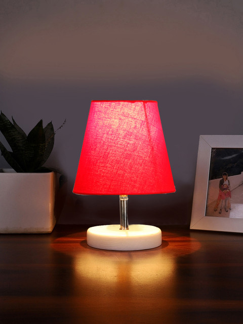 Devansh Red Cotton Round Wood White Table Lamp For Home, Office And Bedroom  Table Lamp