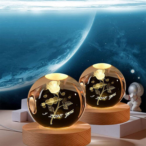 Wengonvila Crystal Ball 3D Love Rose Crystal Ball Yellow Light With  Wooden Base Night Lamp