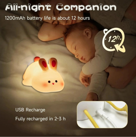 Big Face Rabbit Silicone Night Light – Cute Squishy Bunny Lamp – USB Rechargeable – Touch Control – 3 Brightness Levels – 1200mAh Battery – 30-Min Timer – Beige – For Bedroom & Easter Gift