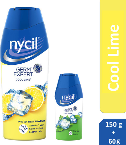 NYCIL Germ Expert Prickly Heat Powder Cool Lime (Get Cool Herbal 60 g Extra)
