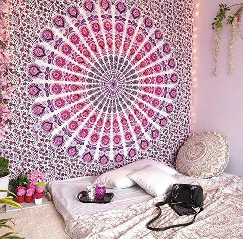 Art World Twin Mandala Tapestry Wall Hanging Indian Cotton Tapestries  Bedspread Picnic Beach Throw Blanket Wall Art Hippie Tapestry Bed Cover  (Pink,